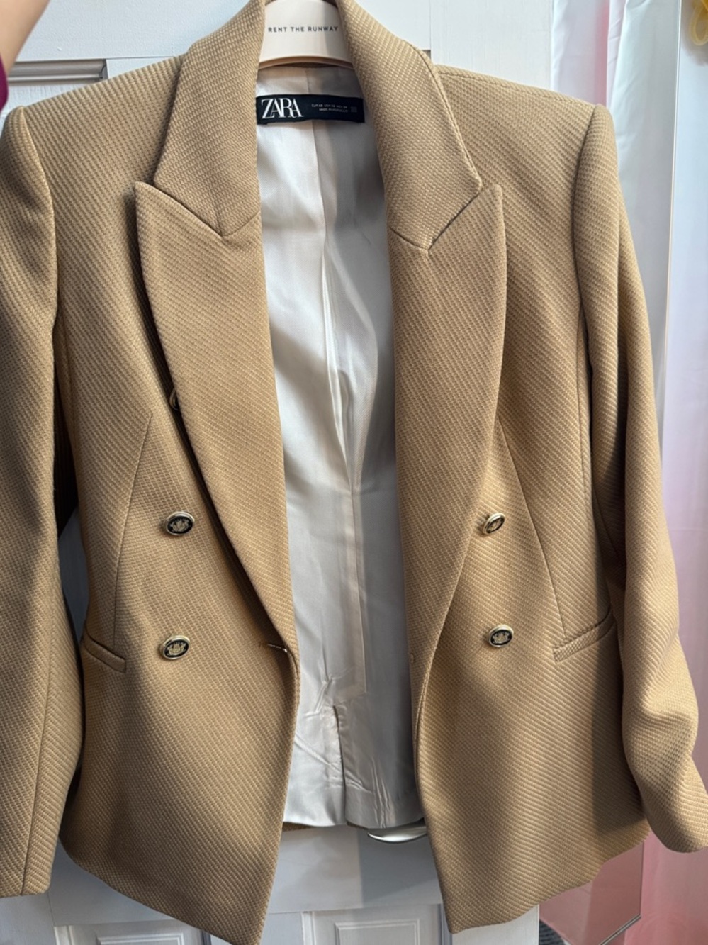 ZARA Double-Breasted Tan Wool-Blend Blazer